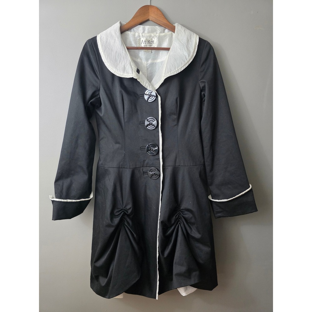 An Ren New York Black White Peter Pan Collar Ruched Longline Jacket Large